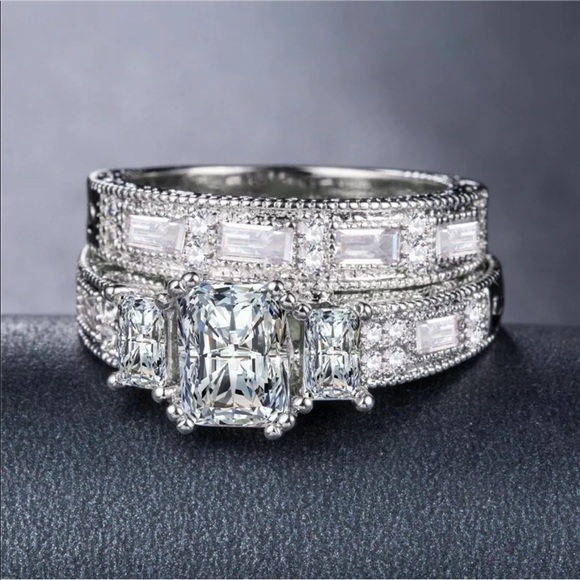 New 925 Silver 2pcs/set Sapphire Engagement Ring - Picture 3 of 4